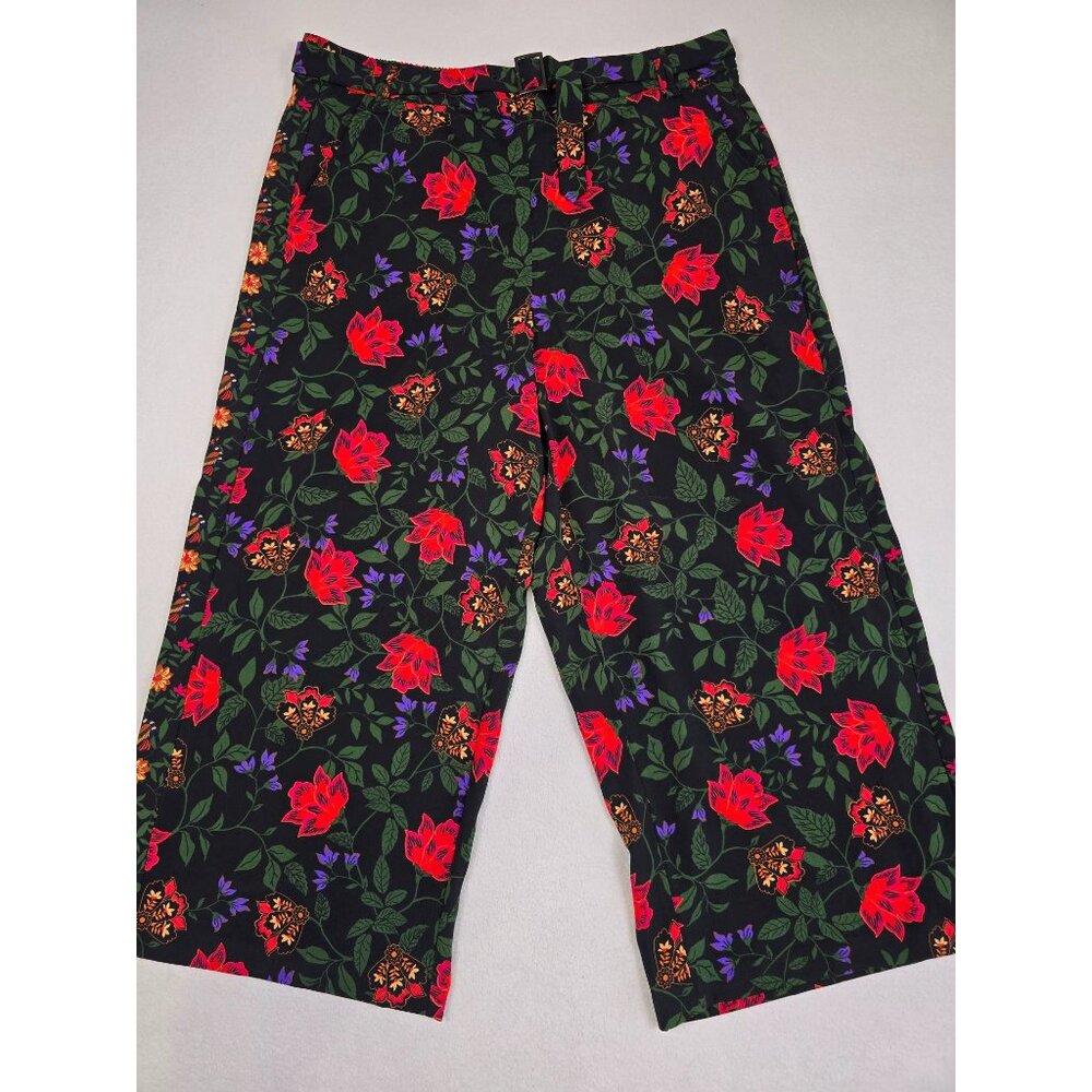 Joie Womens XL Floral Print Wide Leg Belted Pants Black/Red